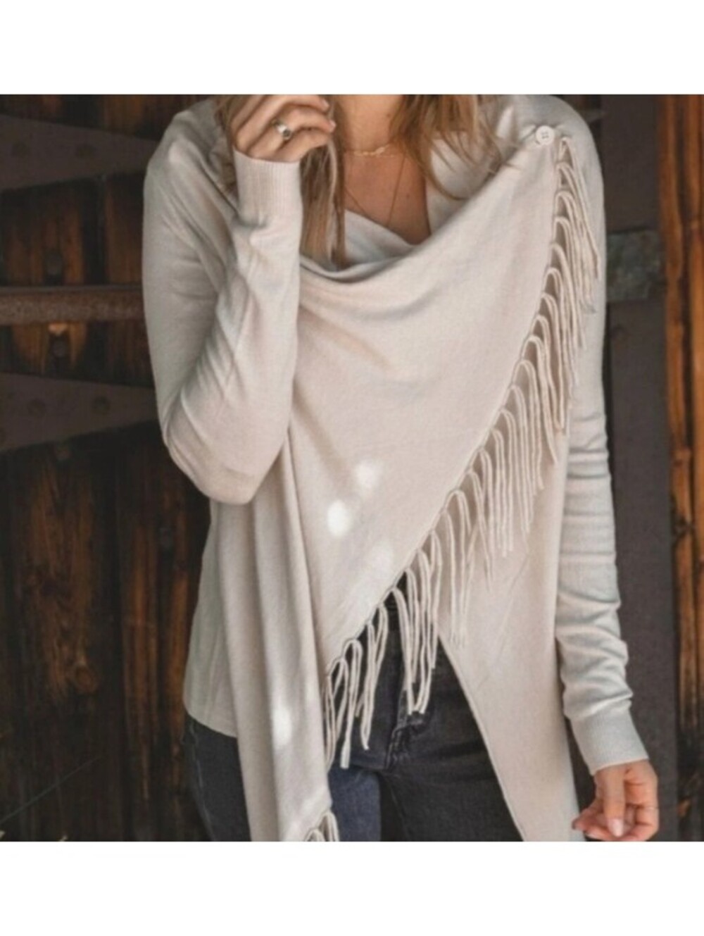 Lovestitch Off White Fringe Asymmetrical Draped Cowl Neck Wrap Cardigan Sweater - Picture 2 of 8